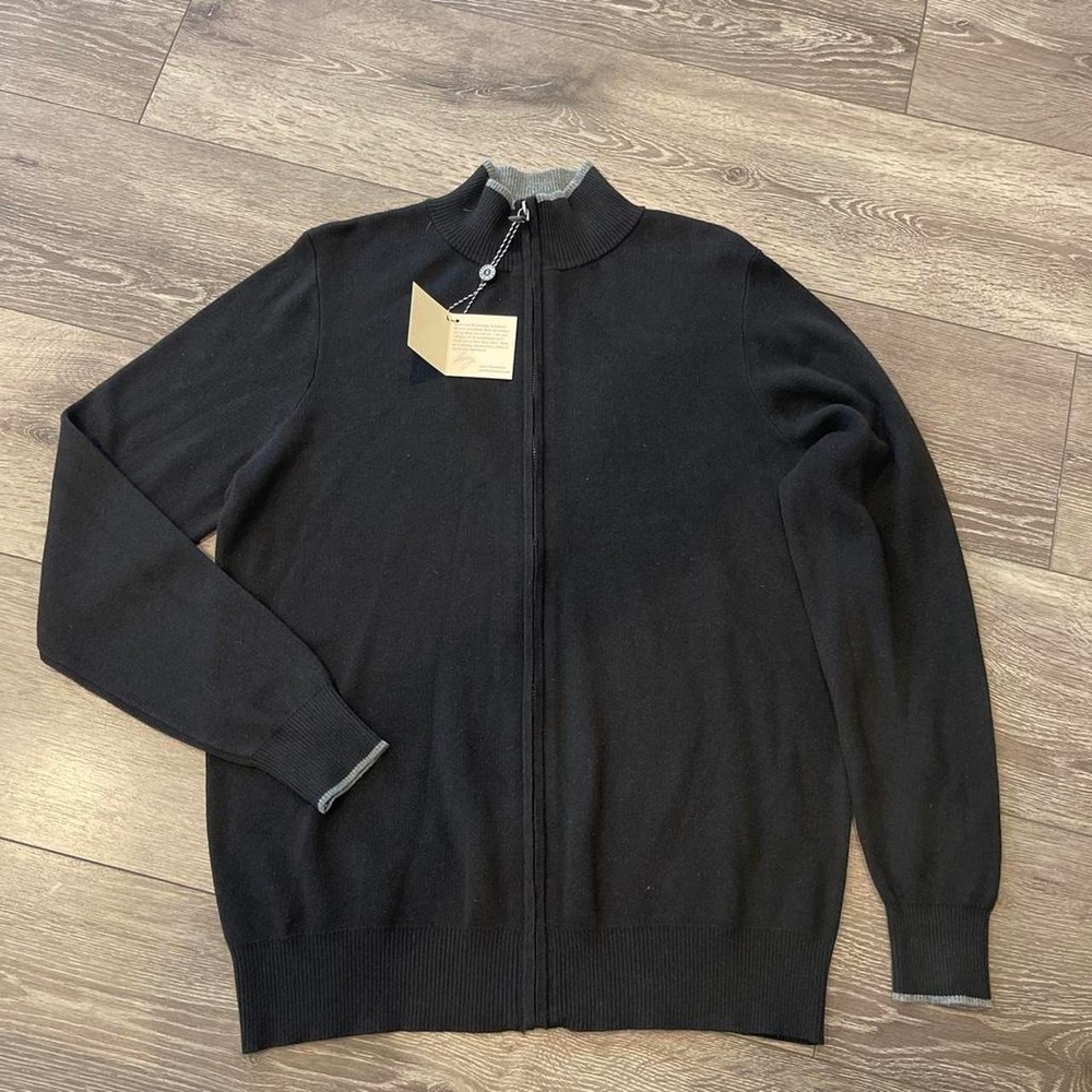 Tailorbyrd Mens Full Zip Cardigan Sweater Black Grey Trim Mock Neck Small NWT
